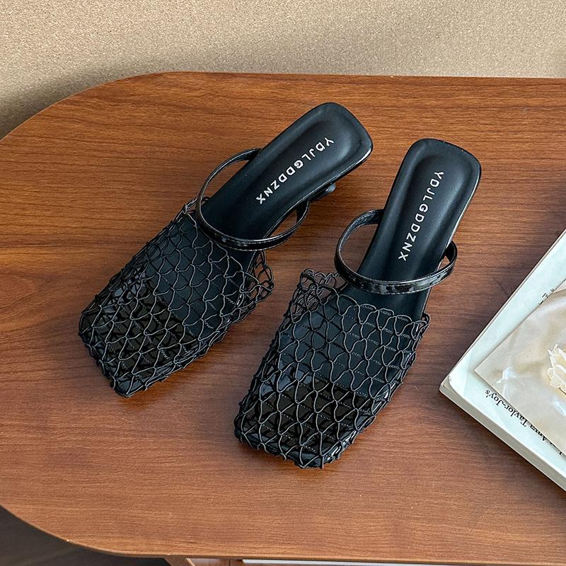 Fashion Niche Fishing Net Woven Hollow Sandals for Women In Summer 2025 New Style with Skirt Block Heel Square Toe Muller Semi-slippers