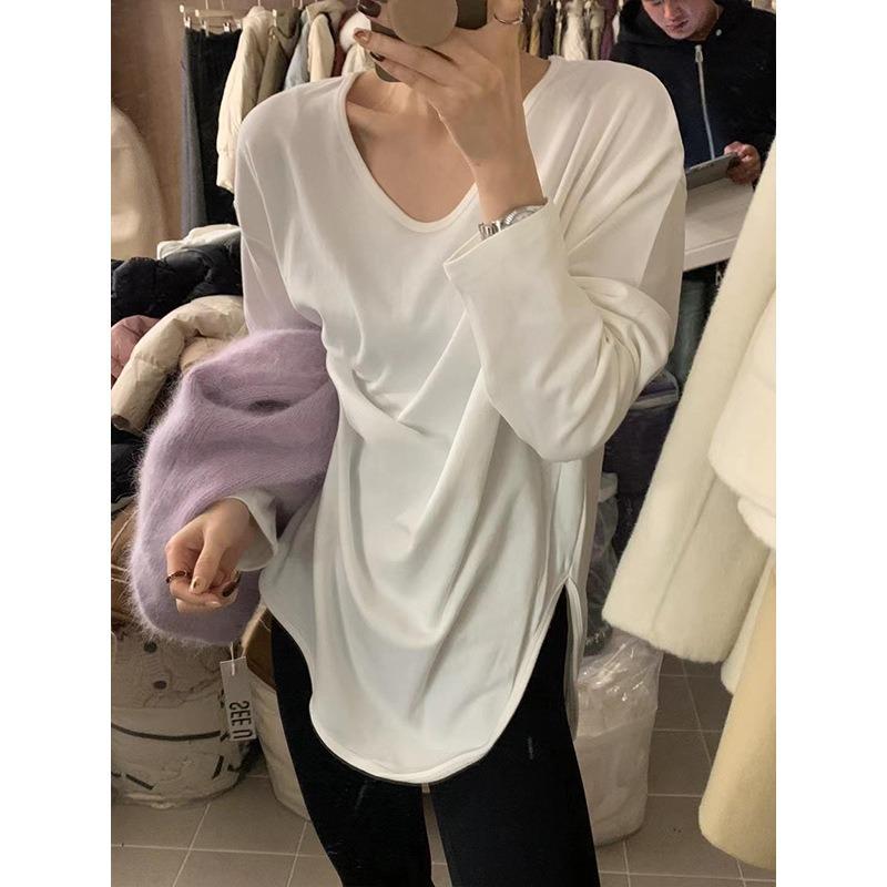 Basic white T-shirt women's large size loose top Dongde velvet warm split-ended long-sleeved inner bottoming shirt