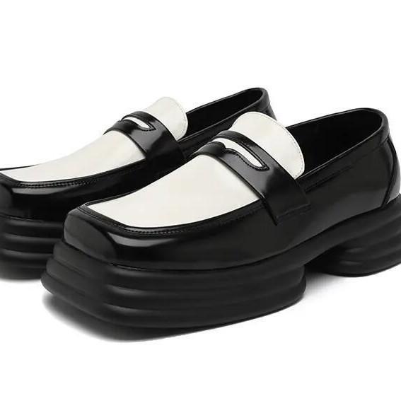 Square head leather shoes big head small leather shoes casual shoes large size thick sole derby shoes