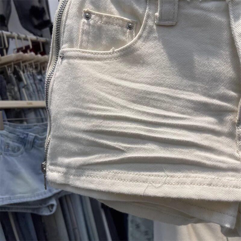Gonna corta di jeans bianca alla moda: Dimagrante, Versatile, Zip Laterale, Caratteristica Anti-Esposizione