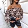 2025 New Sexy Off-Shoulder Halter Long Sleeve Printed Lantern Sleeve Top for Women