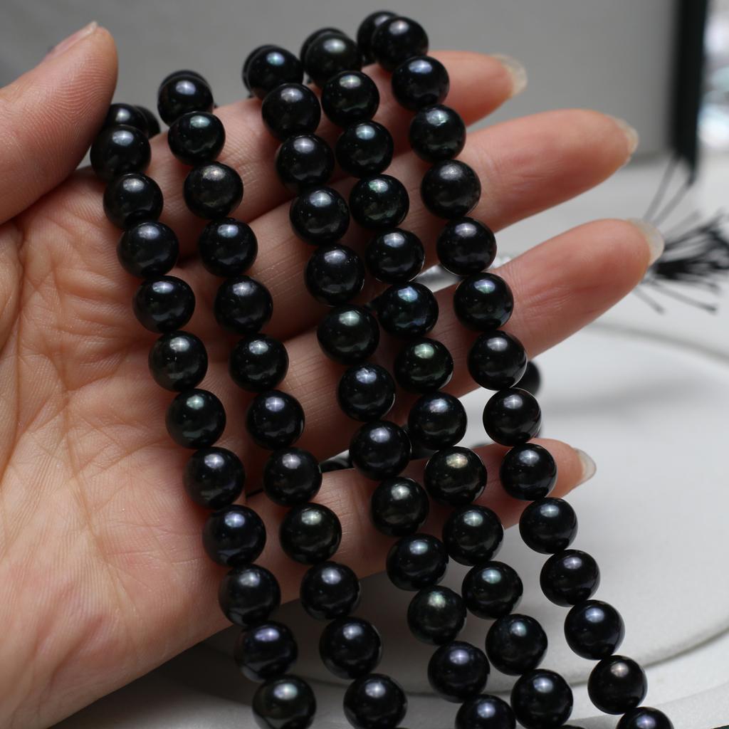 1String, Handmade Round Pearl, 9-10mm, Black Natural Freshwater Pearls Beads for Jewelry Making DIY Necklaces Bracelets Crafts Length 36cm
