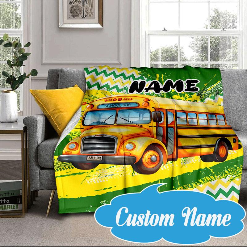 Custom Name School Bus Adventure Blanket bed sofa Blanket Flannel Blanket for Camping, Hiking, Picnic Essentials,gift for Fan family