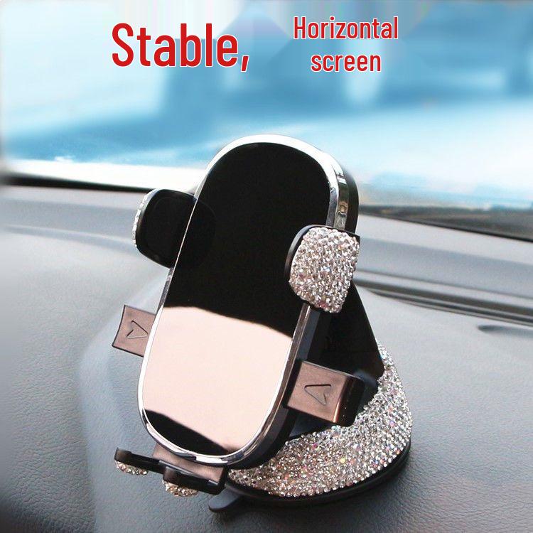 Rhinestone Car Phone Holder: Horizontal Suction Cup for Center Console, Multi-Functional Navigation Support
