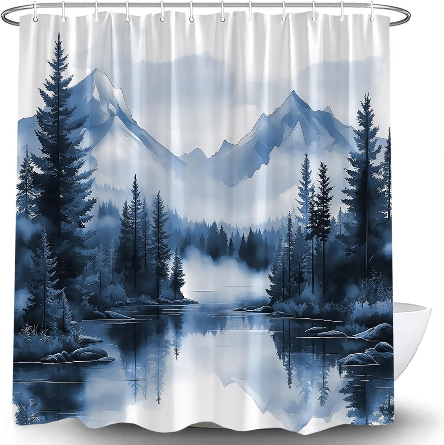

Green Misty Forest Shower Curtain Mountain Foggy Pine Trees Landscape Watercolor Jungle Plant Rustic Nature Scenery Lake Fabric 90x180CM