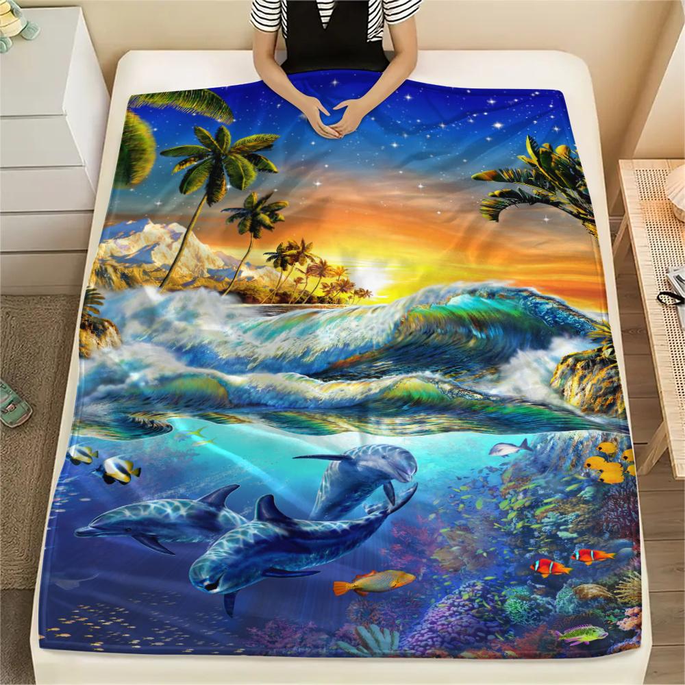 1Pc Dolphins Print Flannel Blanket, High Quality Comfortable for All Seasons, Home Decor, Warmth and Comfort, Perfect for Christmas Gifts