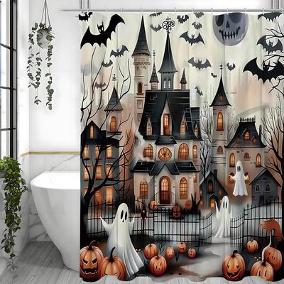 Rideau de douche Halloween Château Fantôme Effrayant Citrouille Chauve-souris, Rideau de douche décoratif pour salle de bain, Rideau de douche imperméable avec crochet