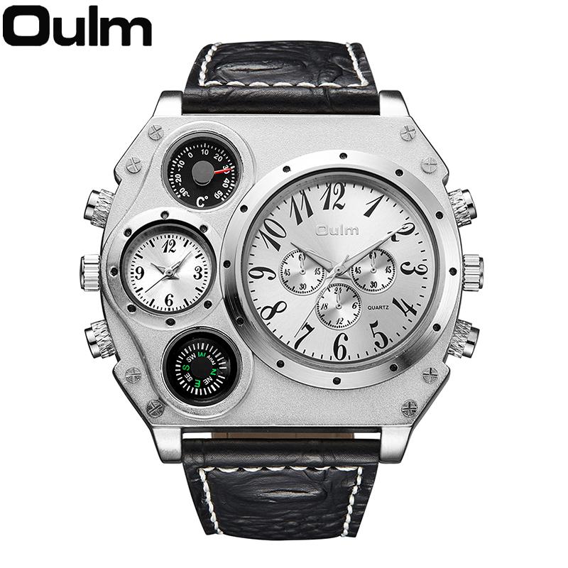 Oulm New Style Large Men's Watch Luxury Brand Men Quartz Watch Men Two Time Zone Leather Sport Wristwatches