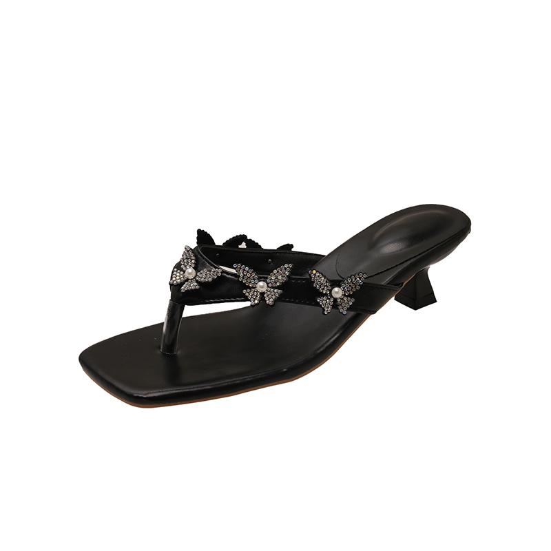 Fashion Summer Fashion Sequin Stiletto Sandals Women's Outside Square Toe Shallow Mouth Soft Sole Flip Flops Versatile Plus Size