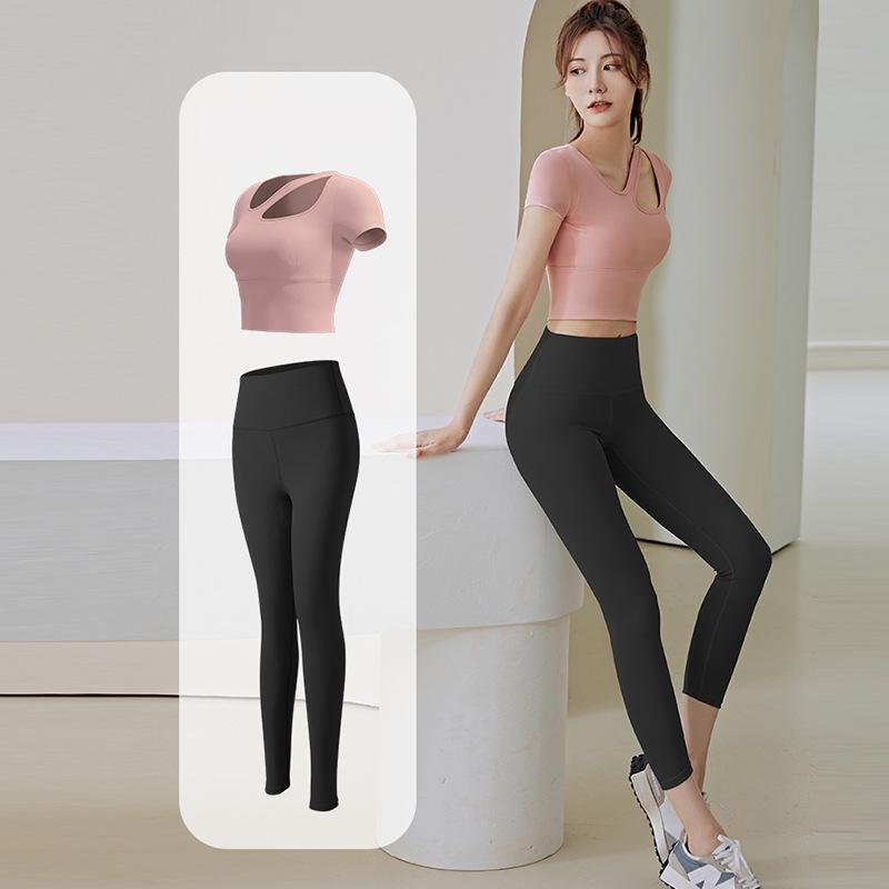 

New Summer Yoga & Fitness Quick-Dry One-Shoulder Set: Short-Sleeve Top & Long Pants L барбі рожевий колір