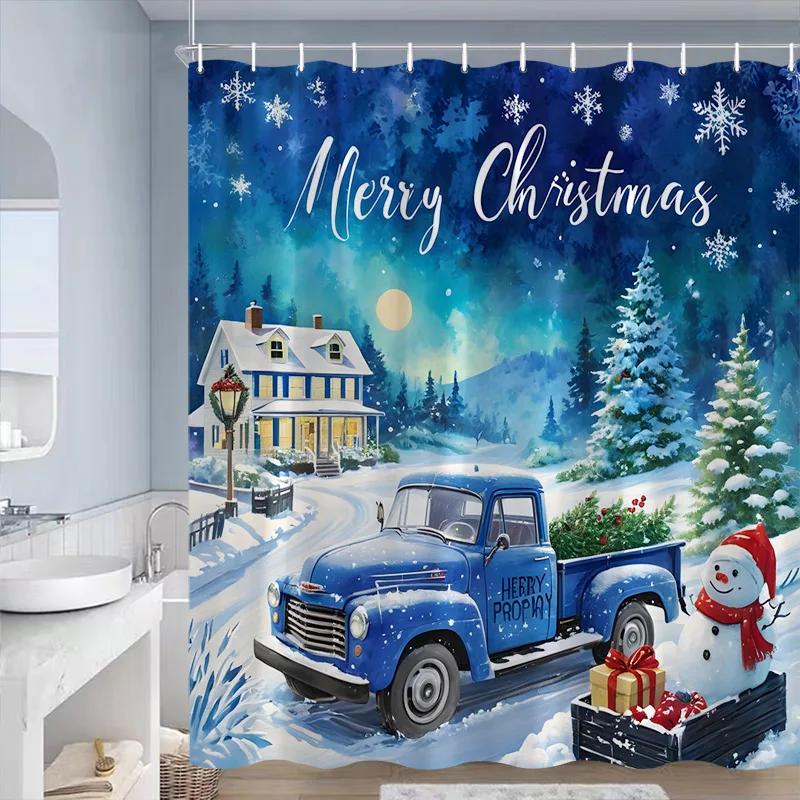 Cute Blue Snowman Christmas Shower Curtains Xmas Gift Winter Forest Cedar Nature Scenery Home Bathroom Decor Bath Curtain Set