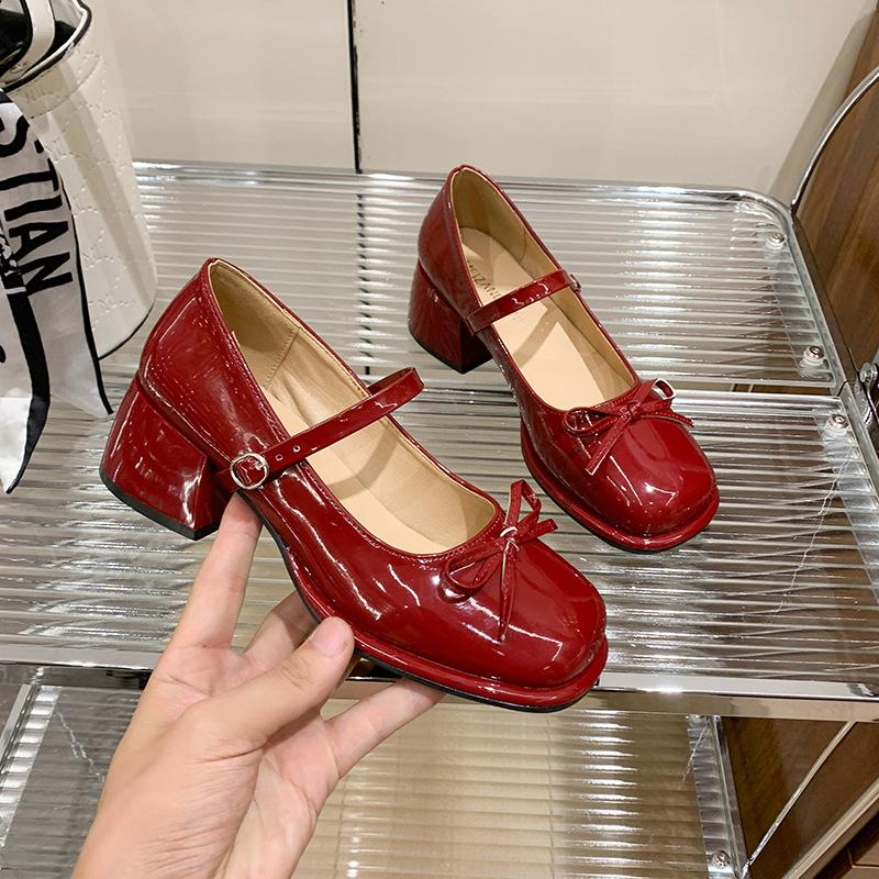 

Модная женская обувь с бантом, универсальные туфли на высоком каблуке Мэри Джейн на толстой подошве, кожаная обувь, модная элегантная обувь, модные женские туфли-лодочки, Zapatos Mujer 35 красный