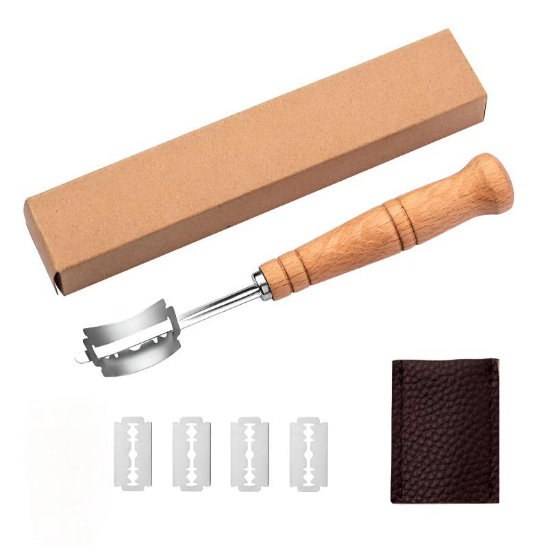 Wooden Handle Bakers Dough Bread Pastry Cutter with 5 Blades Toast Curved Baguette Bread Knife Baking Accessory Pastry Spatulas