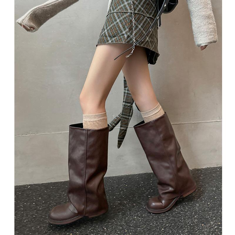 Cowhide Version Retro Platform High Tube Leather Boots Fat Mm Big Tube Circumference Round Head Thick Heel Trouser Tube Boots Women's Western Boots