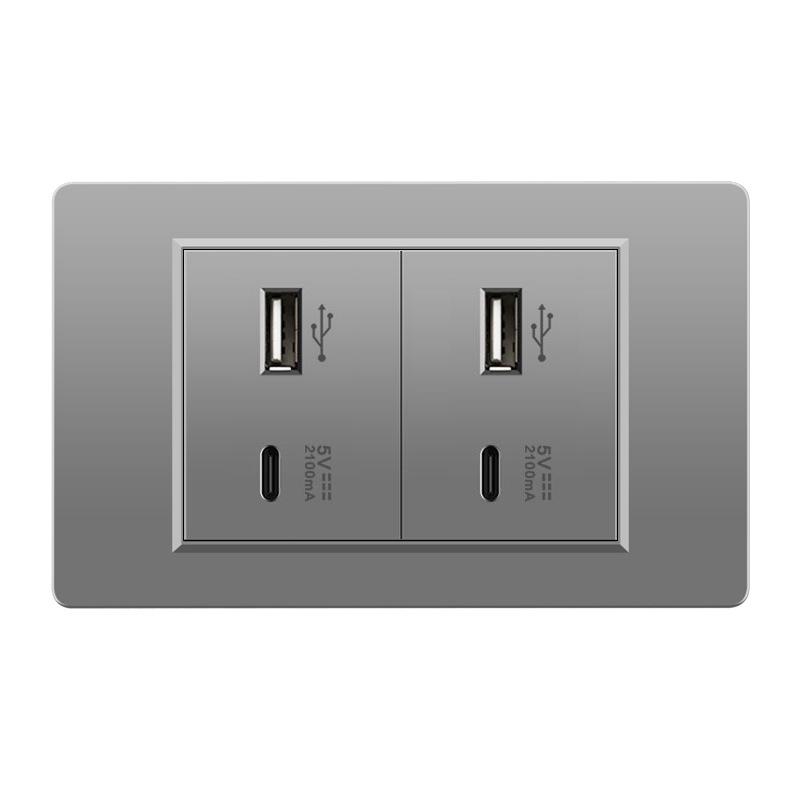 118 Type Switch Six-Hole Gray Wall Socket with Type-C 20W, Thai Style & PC Panel, Taiwan Socket