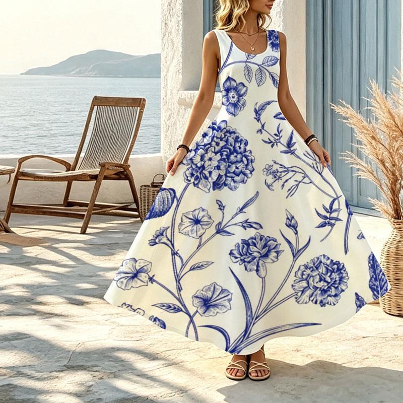 Blue White Floral Sleeveless Maxi Dress for Women Lightweight Flowy Beach Vacation Dress,Casual Versatile Summer Long Dress