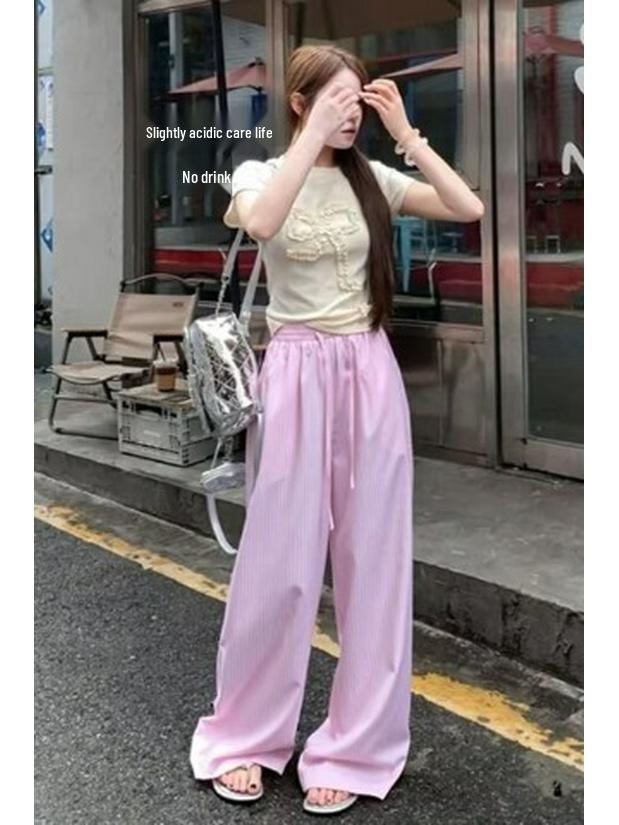 

Women s Blue Vertical Stripe Casual Pants - Loose, Slimming, Lazy Style for Spring/Summer 2025 Large розовый