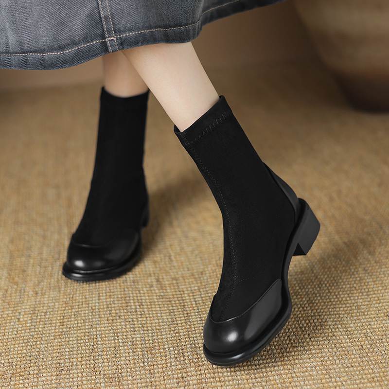 Krazing Pot Flock Autumn Winter Shoes Low Heels Size 43 Stretch Boots Back Preppy Style Street Wear Elastic Ankle Boots