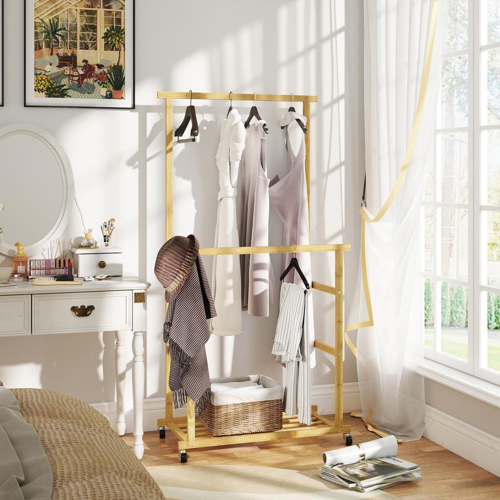 Bamboo Clothes Rack with Wheels, Clothes Rail and Shoe Shelf, 80x40x160cm, Natural