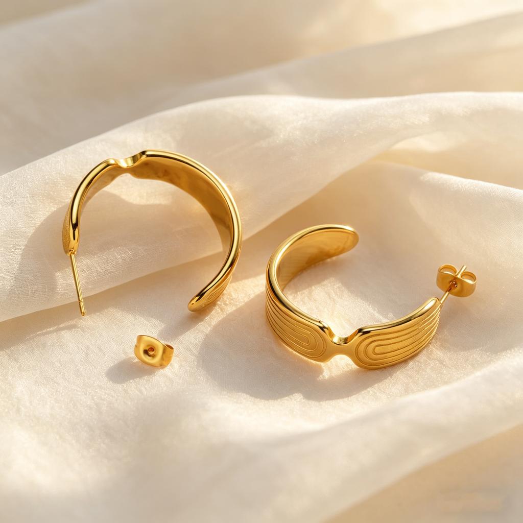 Stainless Steel C-shaped Irregular Texture Earrings for Women Geometric Stripe Metal Stud Earrings Gold Plated Statement Jewelry