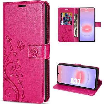 Case for Samsung Galaxy A37 5G, Synthetic Leather Protection Floral Butterfly Pattern - Fuchsia