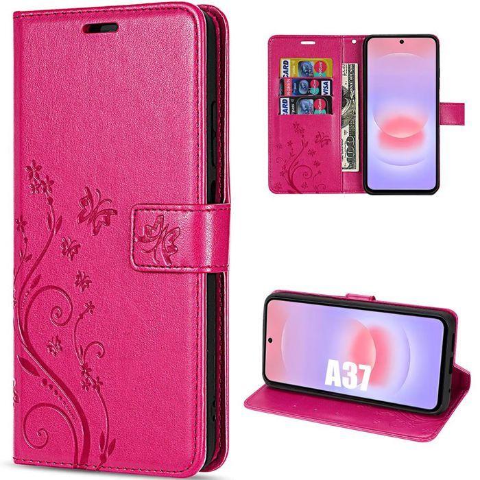 Coque pour Samsung Galaxy A37 5G, Protection Cuir Synthétique Motif Floral Papillon - Fuchsia