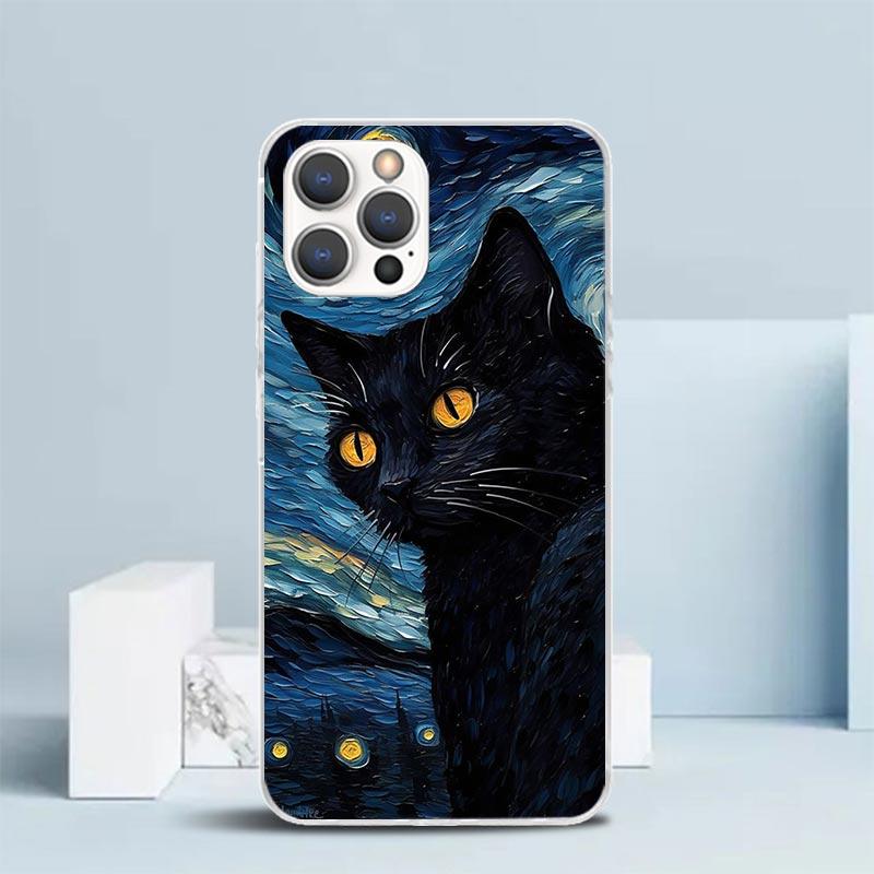 Cartoon Cute Black Cat Phone Case For IPhone 16 17 Air 16E 15 14 Plus 13 Mini 12 11 Pro Max 7 8 + SE 2020 Soft TPU Back Cover 16