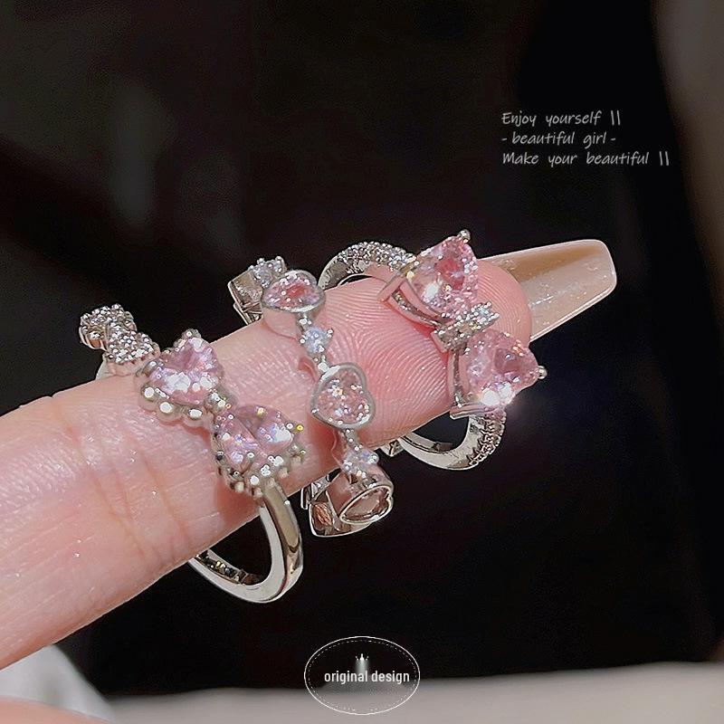 Elegant Pink Zircon Butterfly Adjustable Ring - Korean Light Luxury Design