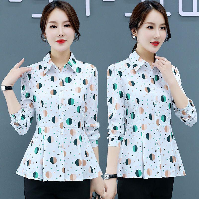Women Clothing Polka Dot Printed Blouse Commute Long Sleeve Korean Single-breasted  Polo-Neck Fashion Shirt