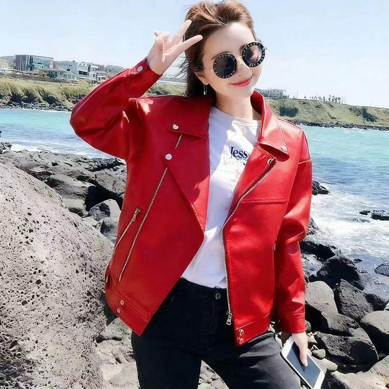Fashionable Loose Short PU Leather Biker Jacket for Women Students Korean Style Thick Fleece Lined Slimming Outerwear for Autumn Winter