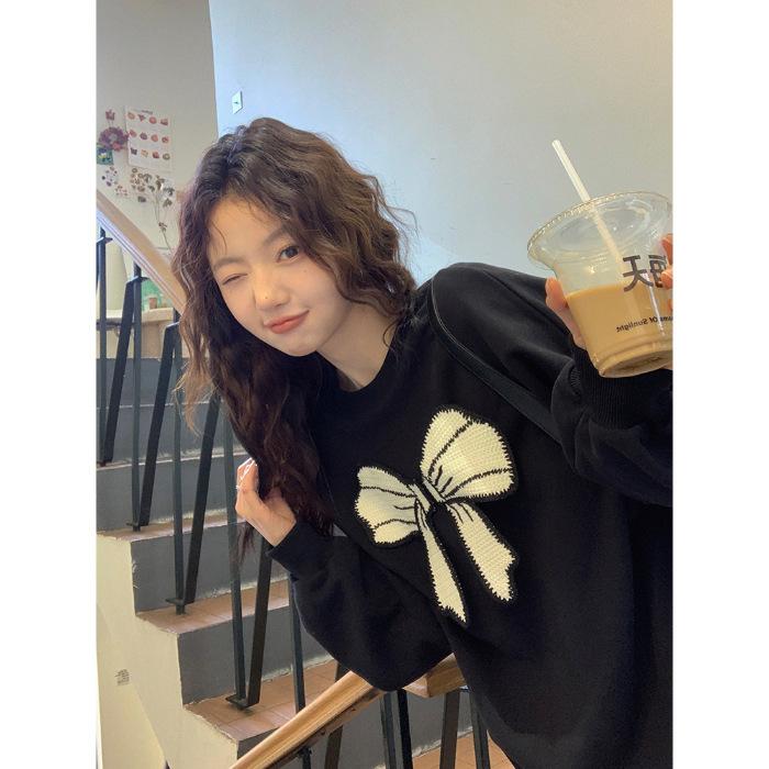 Season's new round neck bow printing large size loose sweater women's clothing fleece affordable