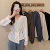 V-neck Puff Sleeve Shirt Waist-cinching Office Ladies Tops Fashion Button Up Blouse  Office
