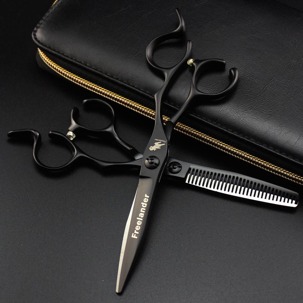 6.0" Black Notch Handle Hairdressing Scissors - Barber Straight & Thinning Shears
