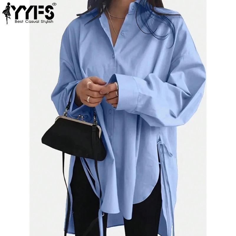 YYFS Blusas y camisas de cuello tipo polo de manga larga con estampado de colores sólidos informales de moda para mujer para primavera y otoño