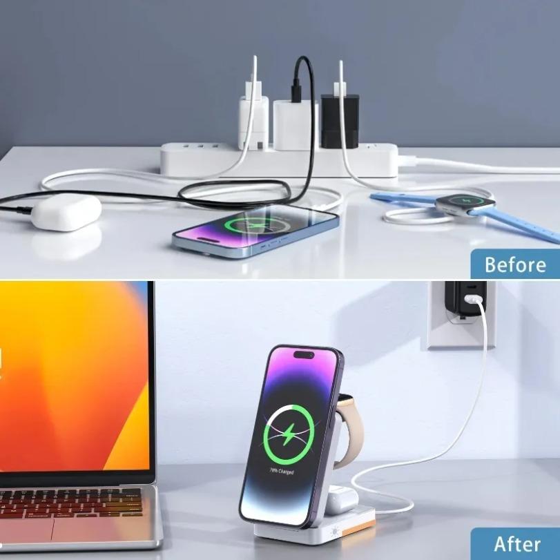 3 in 1 Magnetic Wireless Charger Stand Foldable LED Chargers Dock For iPhone 17~12 Apple Watch 2-9 SE Airpods Pro Fast Charging