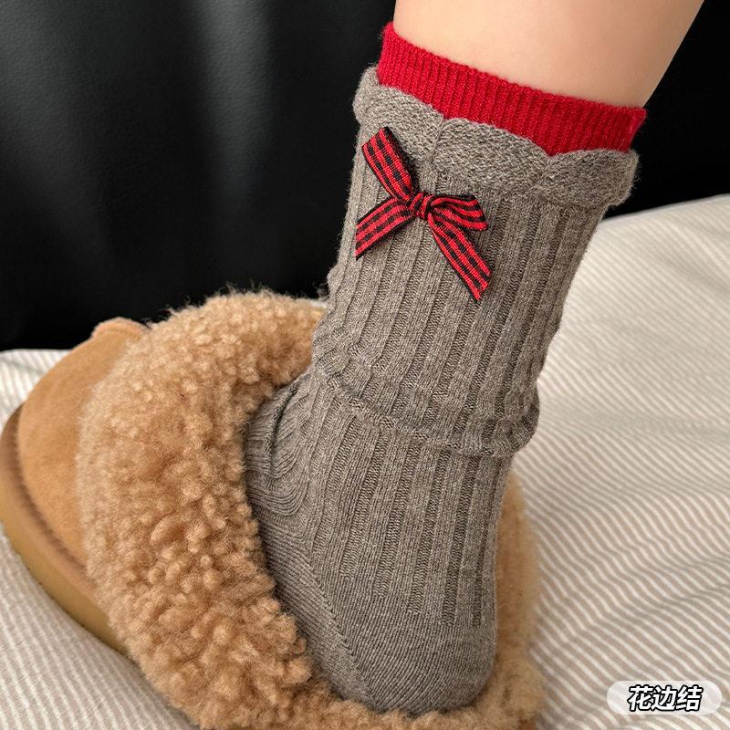 Bow Wool Socks Children Keep Warm In Autumn And Winter New Year'S Birth Year Red Boneless Stacking Socks Versatile Outer Cotton Socks