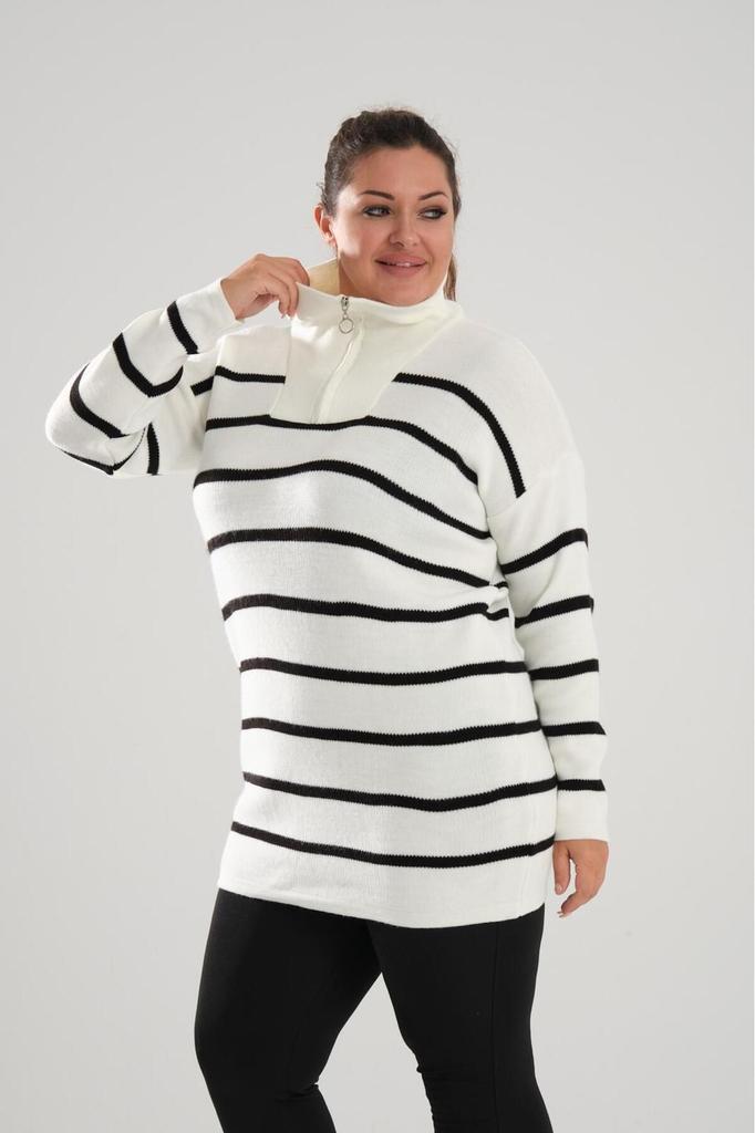 Women's Big Size Blouse Black Zipper Collar Black Striped Knitted Knitwear Plus Size Blouse