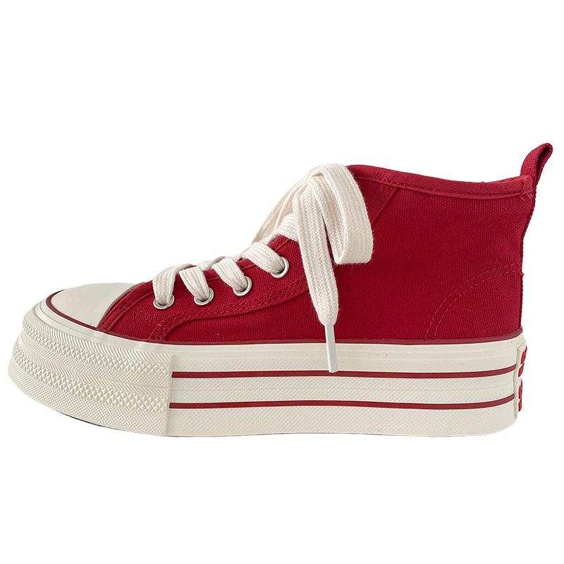 Dikke Bodem Canvas Schoenen Dames Ronde Neus Platte Veters Dubbele Band Veelzijdig Dunne Zool Board Schoenen Ademend Laag Uitgesneden Casual