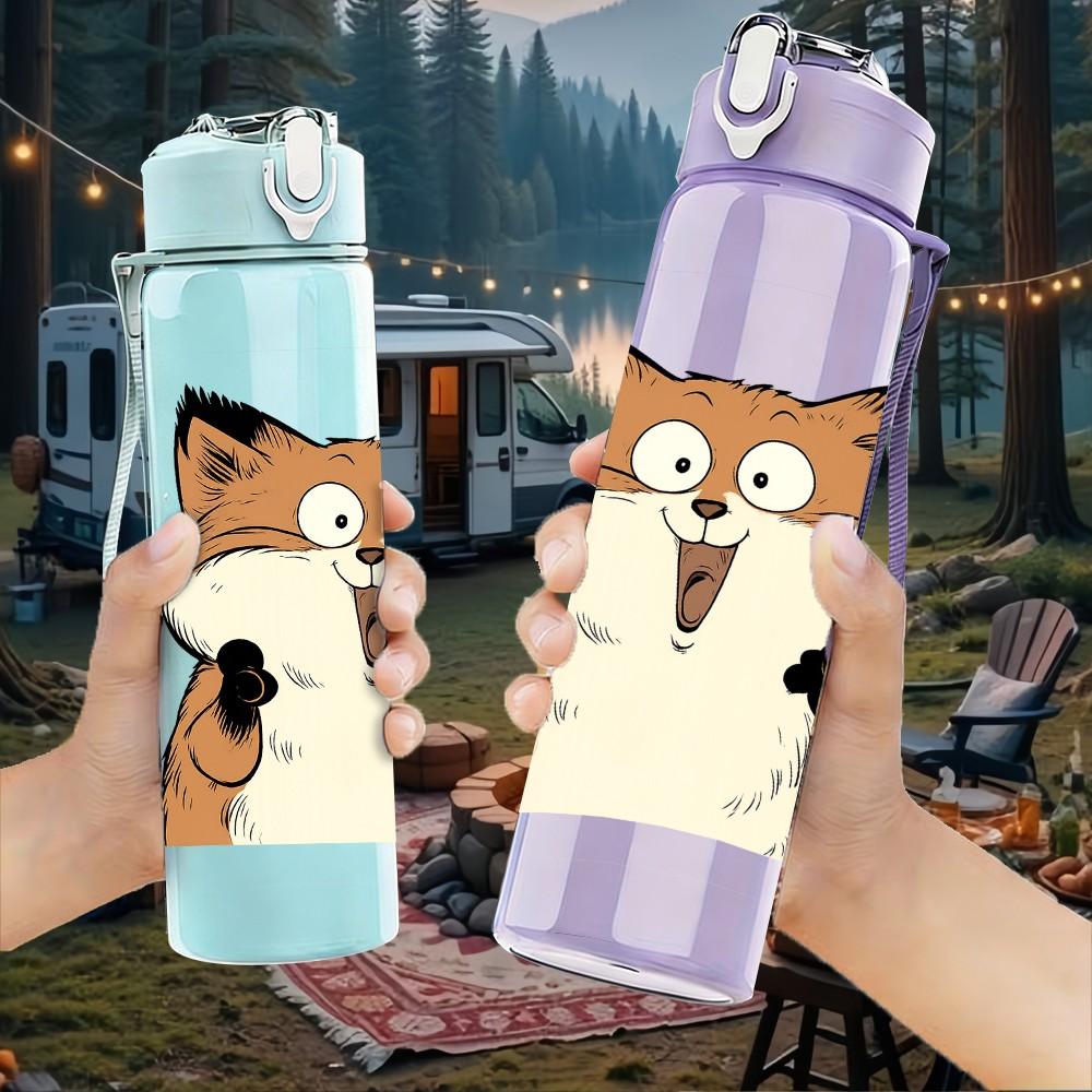1PC Excited Fox Cartoon Illustration 750ml Color Plastic Sports Water Bottle Leakproof Flip Straw Lid Suitable for Sports Office Home Use