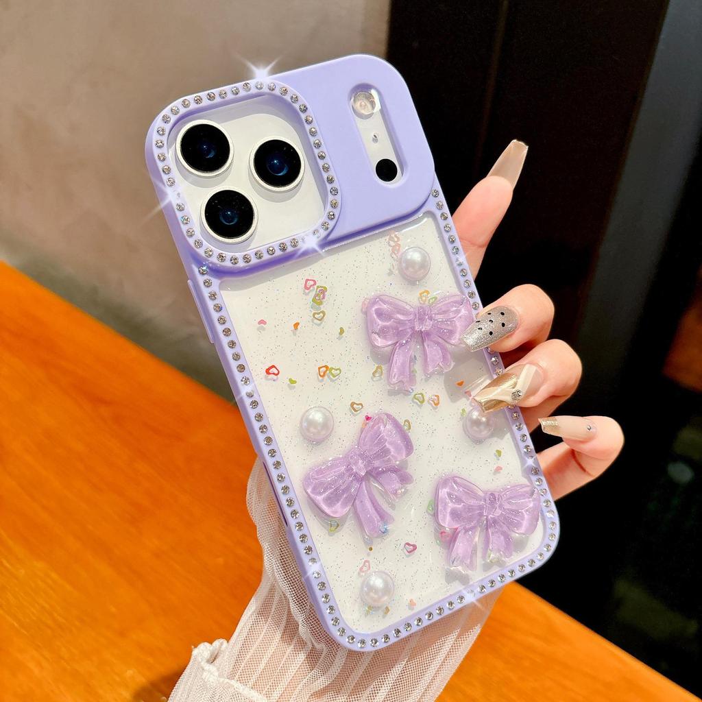 Capa de Celular Epoxy com Glitter da Apple com Laço para Modelos de iPhone 15, 16 Pro Max e 17 Air
