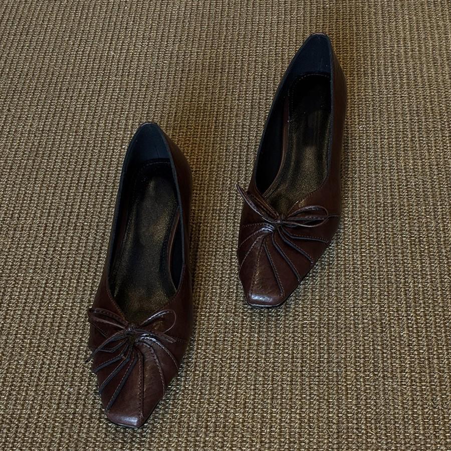 Sheepskin version~ French retro square head bow pleated niche design femininity commuting versatile light mouth single shoes