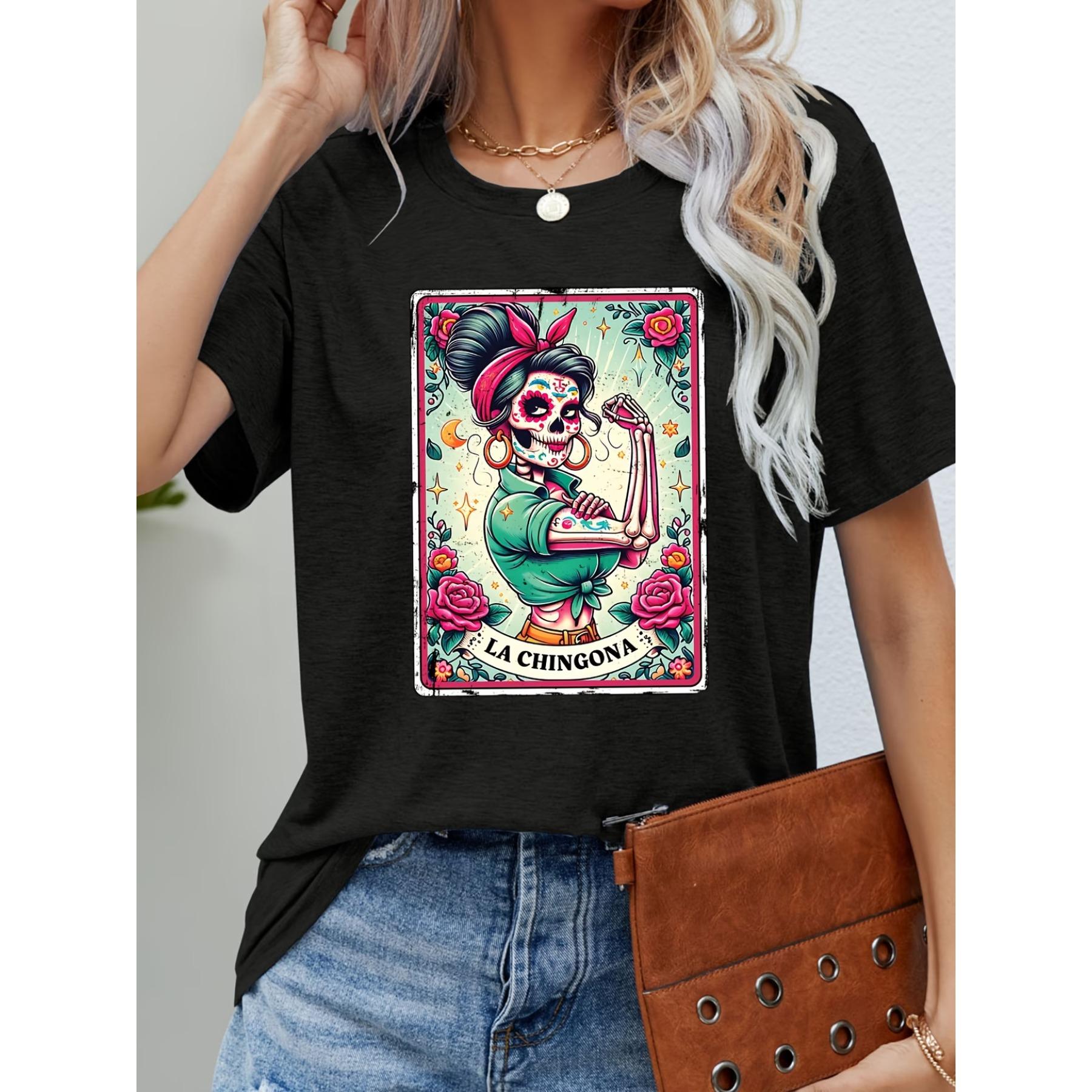

Футболка с принтом La Chingona, с коротким рукавом, с круглым вырезом, повседневный топ для лета и весны, женская одежда S чёрный