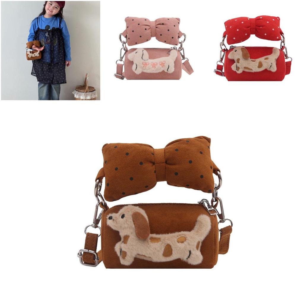 Princess Style Girl Bucket Bag With Bow And Dog Decoration For Kindergarten Daily Use