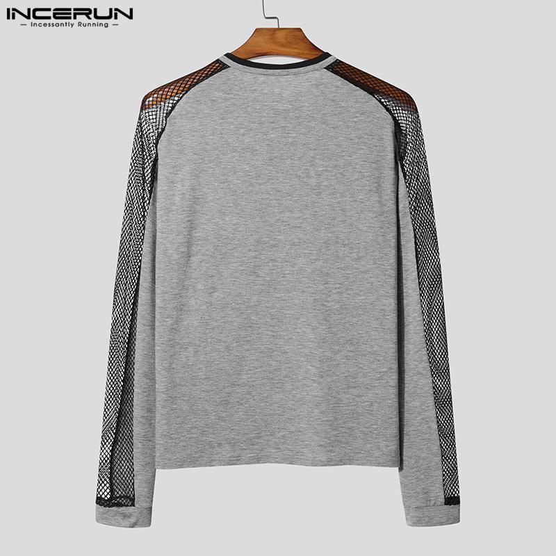 INCERUN Bărbați Gât Rotund Mânecă Lungă Plasă Patchwork Vezi Prin Tricouri Maiouri