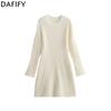 Women's Fashion Spring Fall Solid Color Print Long Sleeve O-Neck Middle Waistline Casual Dresses