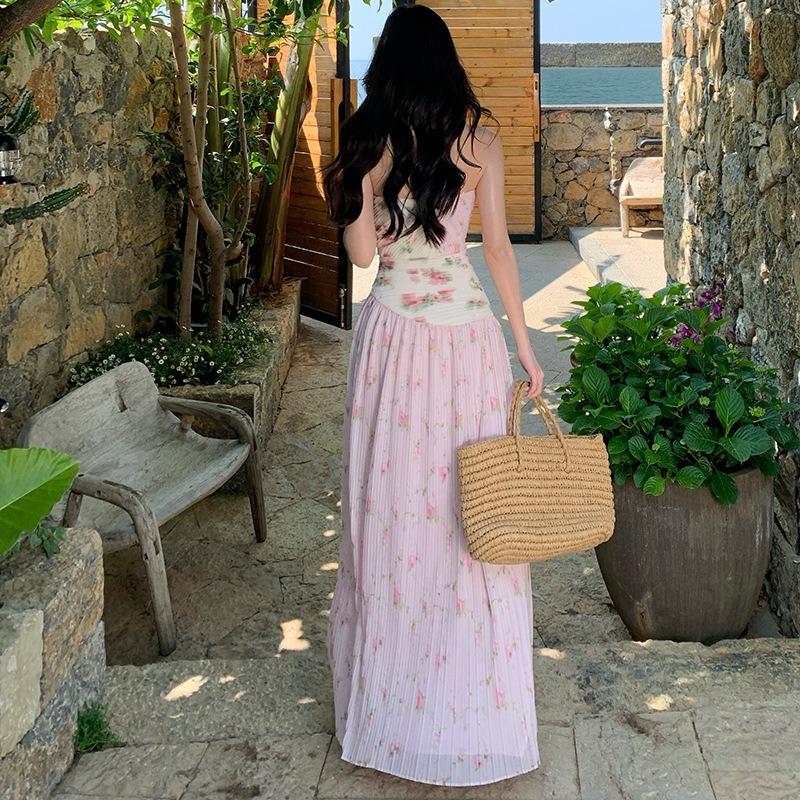 Coffee Break French Gentle Temperament Pink Floral Tube Top Dress Beautiful Unique Waist Beautiful Summer Skirt