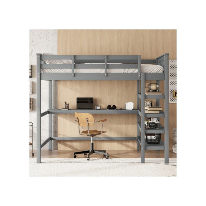 Lit surélevé pour enfants - MUVOE - 140 x 200 cm - Bureau intégré - Rangement sous le lit - Gris