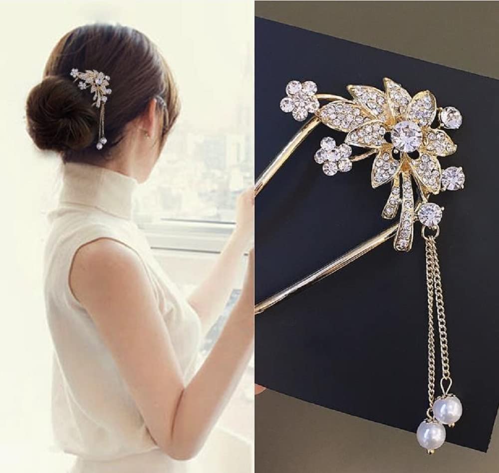 [MiaoMiao] Kanzashi Hair Ornament for Japanese Clothing, Yukata, U-shaped, Formal Kimono, Hair Accessory, Pearl, Metal, Antique, Crystal, Flower