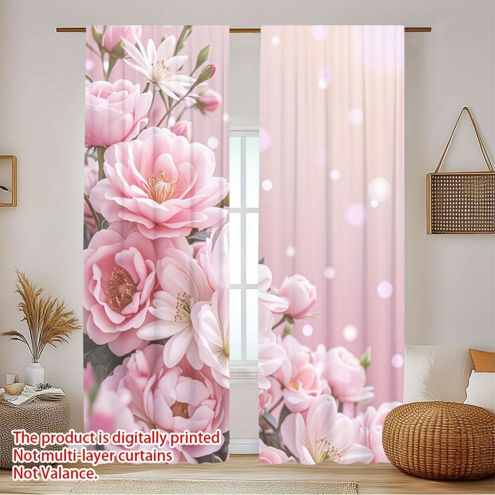 2pc Pink and White Peony Pattern Curtains, Polyester, Machine Washable, Suitable for Bedroom, Living Room, Kitchen, Office