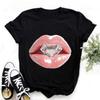 Vintage Jeweled Lips Print Crewneck Short Sleeve Unisex Casual Polyester Graphic T-shirt for Daily Streetwear
